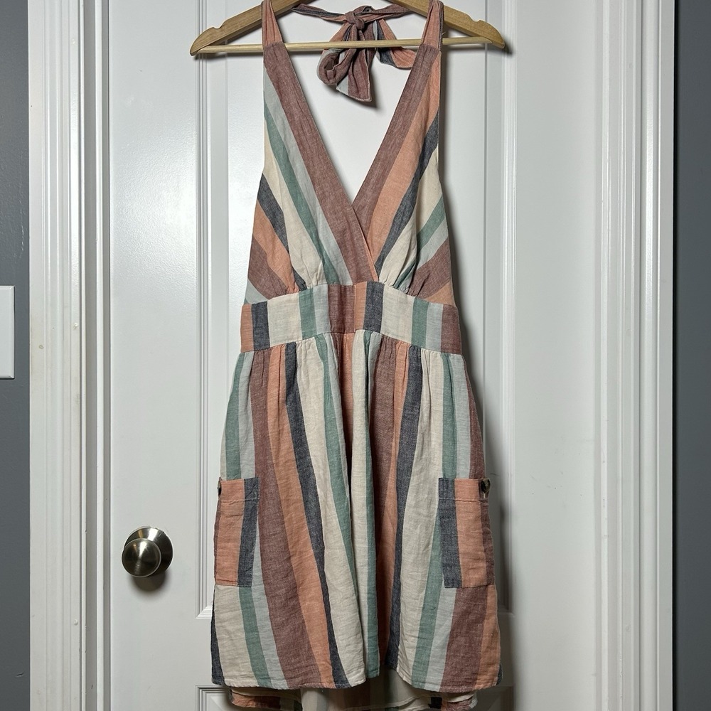 American Eagle Linen Striped Smocked Waist Tie Halter Romper Tomato Girl Style‎